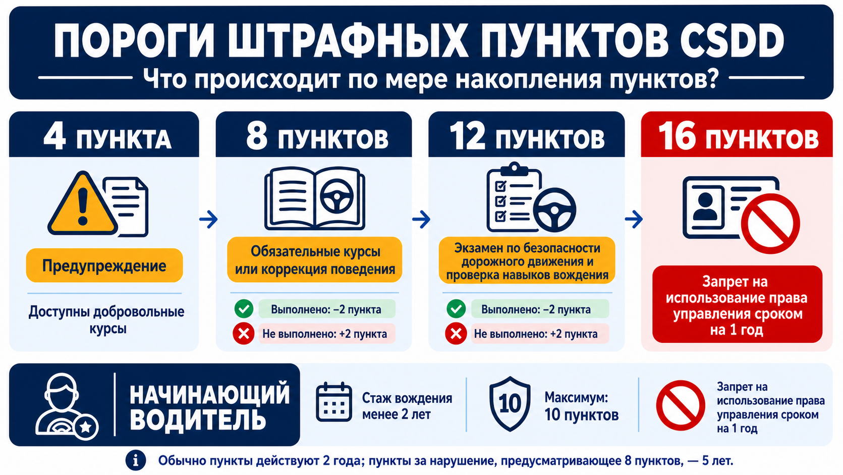 Пороги начисления штрафных баллов CSDD — последствия при наборе 4, 8, 12 и 16 баллов